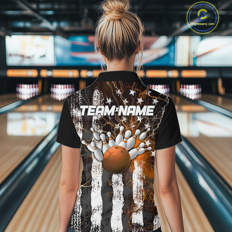 Orange Lightning US Flag Custom Bowling Jersey, Patriotic Bowling Women Quarter-Zip Shirt IPHW9917