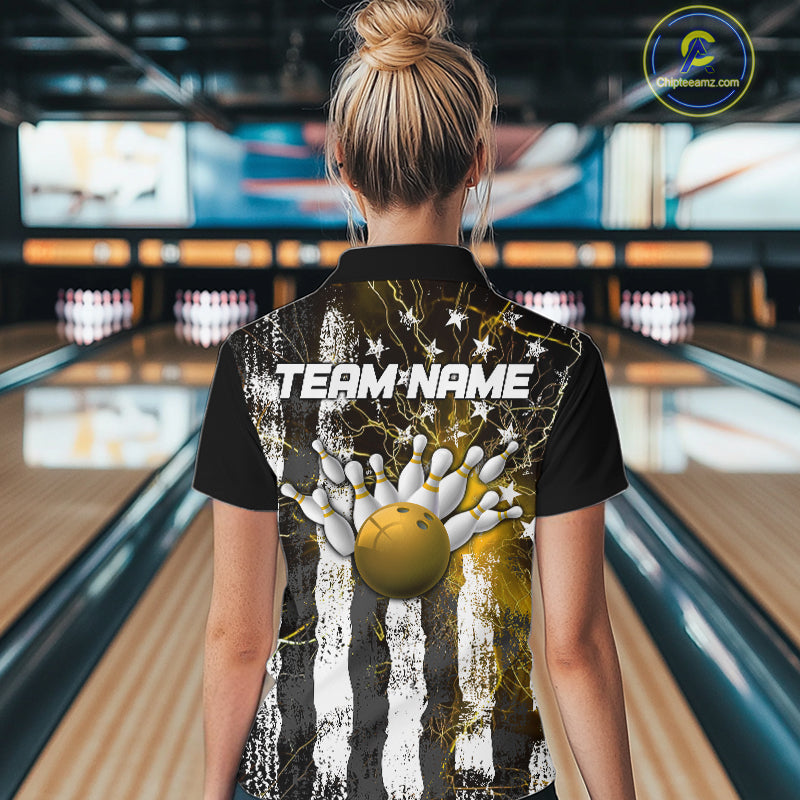 Yellow Lightning US Flag Custom Bowling Jersey, Patriotic Bowling Women Quarter-Zip Shirt IPHW9918