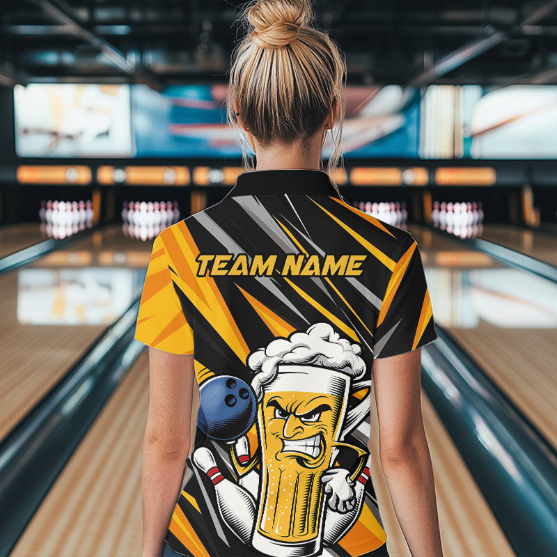 Custom Black And Yellow Funny Beer Bowling Women Quarter-Zip Shirt, Angry Beer Glass Jersey IPHW8933