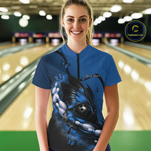 Load image into Gallery viewer, Custom Blue Butterfly Bowling Women Quarter-Zip Shirts, Team Tournament Bowlers Outfit IPHW11042