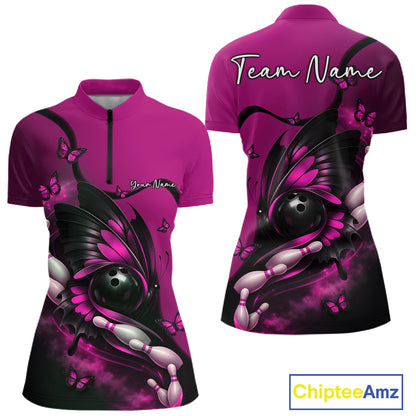 Front and back display of a pink and black women’s bowling quarter-zip shirt showcasing a butterfly wrapped around a bowling ball and bowling pins.