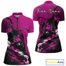 Load image into Gallery viewer, Custom Pink Butterfly Bowling Women Quarter-Zip Shirts, Team Tournament Bowlers Outfit IPHW11044
