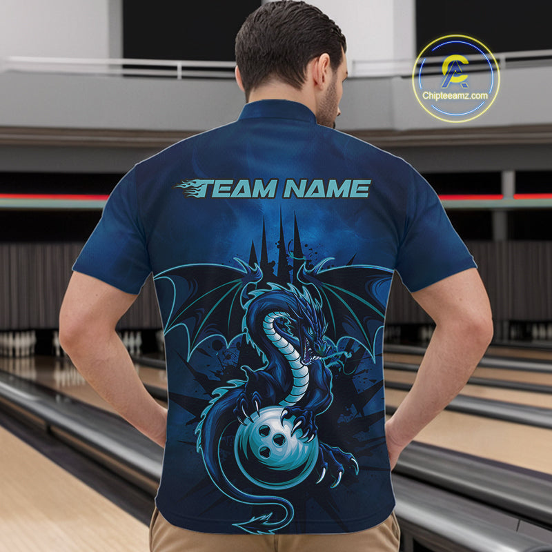 Custom Black And Blue Dragon Bowling Quarter-Zip Shirts For Men, Dragon League Team Shirt IPHW9532