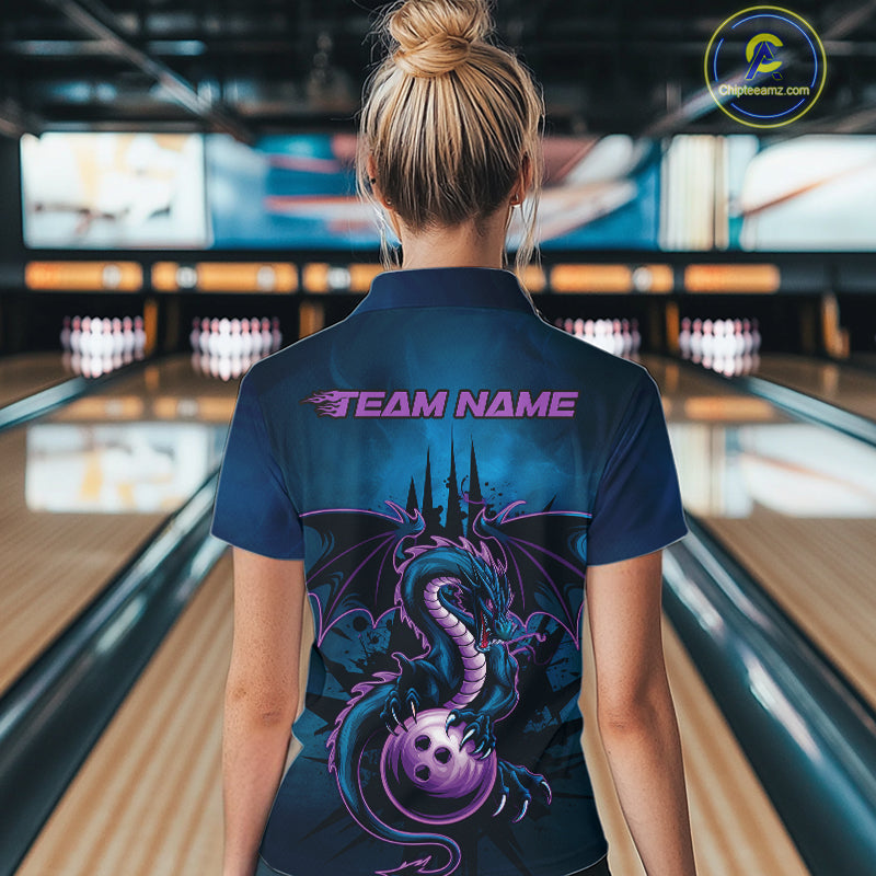 Custom Blue And Purple Dragon Bowling Women Quarter-Zip Shirt, Dragon League Team Shirt IPHW9533