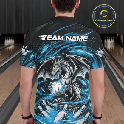 Custom Black And Blue Fire Flame Dragon Bowling Jerseys Bowling Team Men Polo Shirt IPHW10292