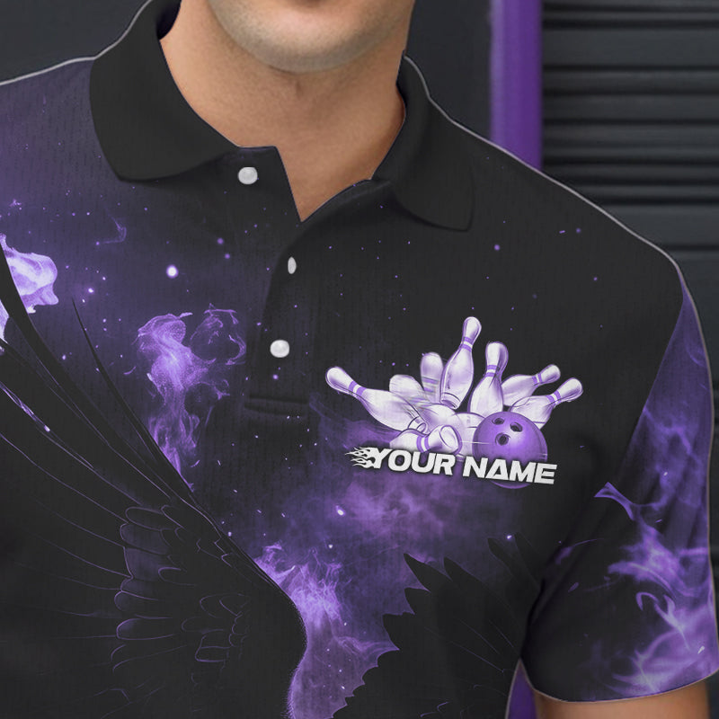 Custom Purple Flame Eagle Bowling Polo Shirts For Men, Ealge Bowling Team Shirt With Name IPHW8448
