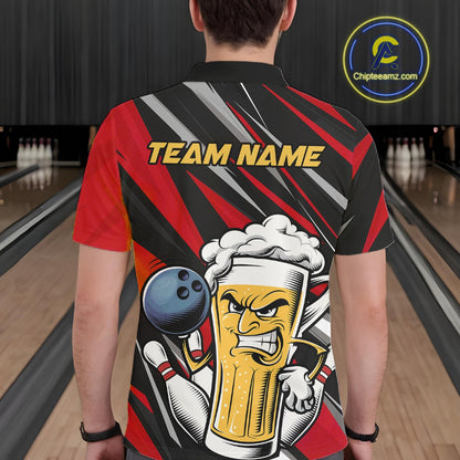 Custom Funny Red Bowling Jerseys Bowling And Beer Men Polo Shirts, Bowling Jerseys IPHW10532