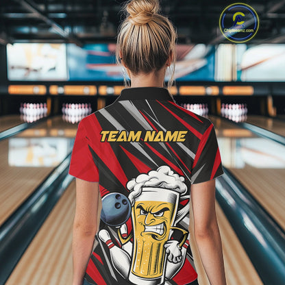 Custom Funny Red Bowling Jerseys Bowling And Beer Women Polo Shirts, Bowling Jerseys IPHW10532