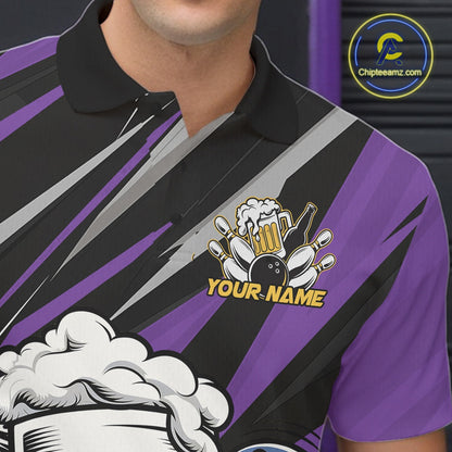 Custom Funny Purple Bowling Jerseys Bowling And Beer Men Polo Shirts, Bowling Jerseys IPHW10535