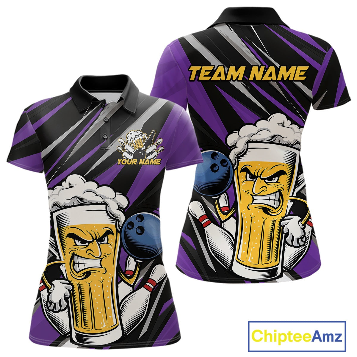 Custom Funny Purple Bowling Jerseys Bowling And Beer Women Polo Shirts, Bowling Jerseys IPHW10535