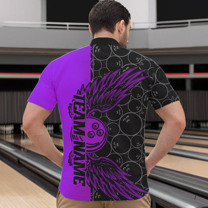 Black And Purple Custom Bowling Ball And Wings Bowling Quarter-Zip Shirts For Men, Team Uniform IPHW8693