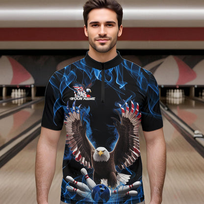 Personalized Blue Flame US Eagle Bowling Men Quarter-Zip Shirts, Patriotic Bowling League Shirt IPHW8935
