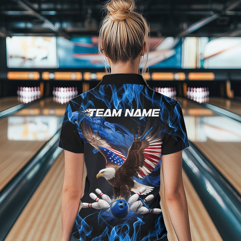Custom Blue Flame US Eagle Bowling Women Quarter-Zip Shirts, Patriotic Bowling Shirt IPHW8936