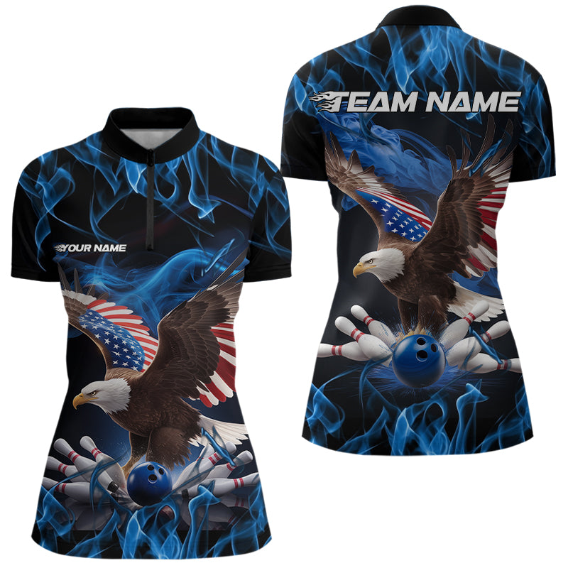 Custom Blue Flame US Eagle Bowling Women Quarter-Zip Shirts, Patriotic Bowling Shirt IPHW8936