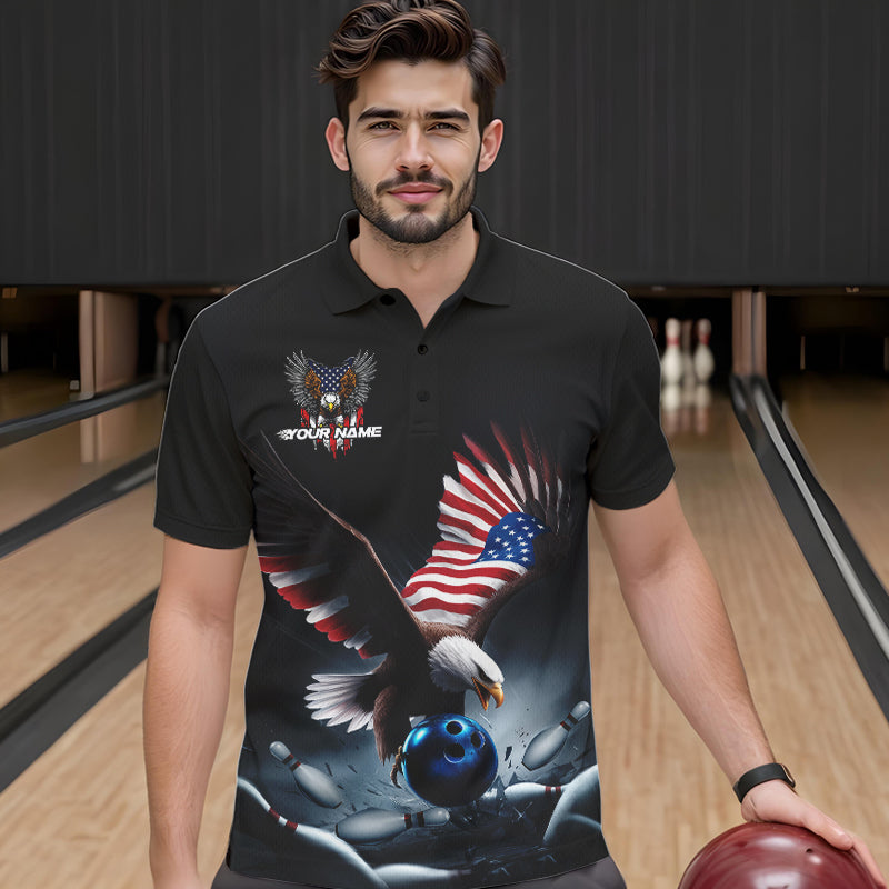 Custom American Flag Eagle Bowling Team Men Polo Shirts, Patriotic US Bowling League Shirt IPHW8937
