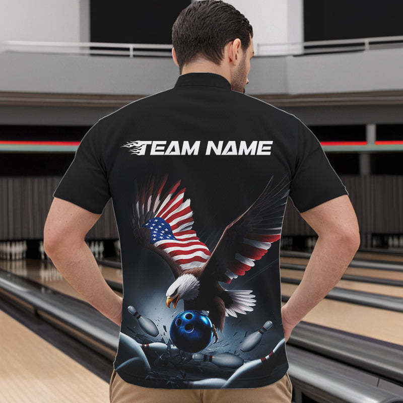 Custom American Flag Eagle Bowling Team Men Quarter-Zip Shirts, Patriotic US Bowling League Shirt IPHW8937