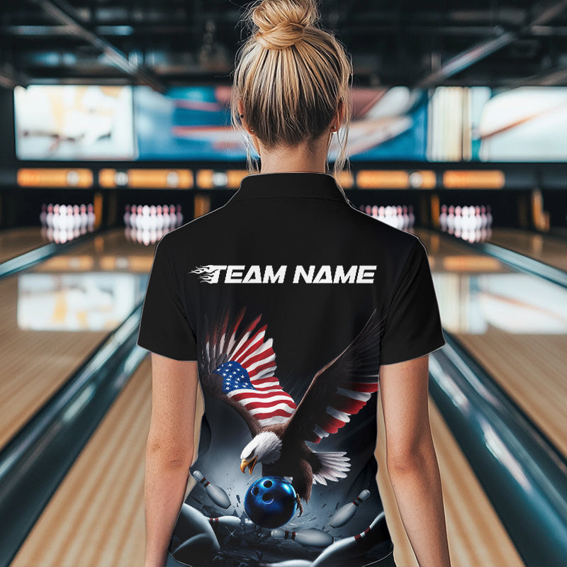 Custom American Flag Eagle Bowling Team Women Quarter-Zip Shirt, Patriotic US Bowling Shirt IPHW8937