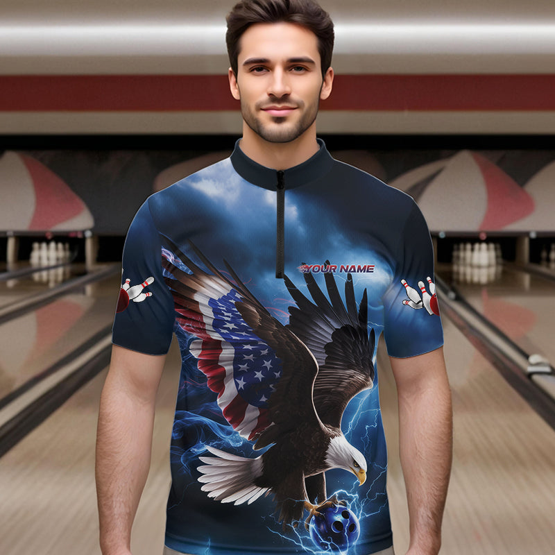 Custom Blue Lightning Patrotic Eagle Bowling Men Quarter-Zip Shirt, US Flag Bowling Team Shirt IPHW8938