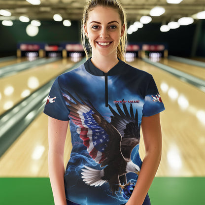 Custom Blue Lightning Patrotic Eagle Bowling Women Quarter-Zip Shirt, US Flag Bowling Shirt IPHW8938