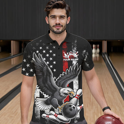 Custom Red Line American Flag Eagle Bowling Men Polo Shirt, Patriotic US Bowling Shirt IPHW8939