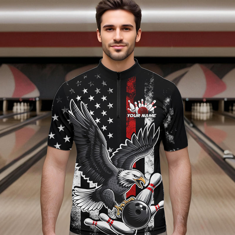 Custom Red Line American Flag Eagle Bowling Men Quarter-Zip Shirt, Patriotic US Bowling Shirt IPHW8939