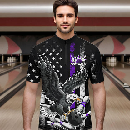 Custom Purple Line American Flag Eagle Bowling Men Quarter-Zip Shirt, Patriotic US Bowling Shirt IPHW8940