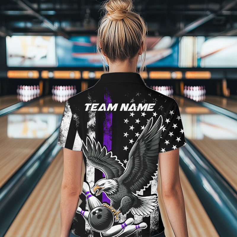 Custom Purple Line American Flag Eagle Bowling Women Quarter-Zip Shirt, Patriotic Bowling IPHW8940
