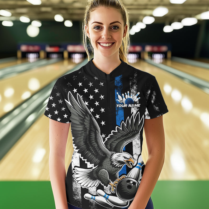 Custom Blue Line American Flag Eagle Bowling Women Quarter-Zip Shirt, Patriotic Bowling IPHW8941