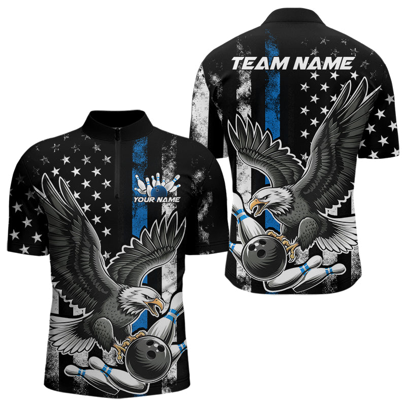 Custom Blue Line American Flag Eagle Bowling Men Quarter-Zip Shirt, Patriotic US Bowling Shirt IPHW8941
