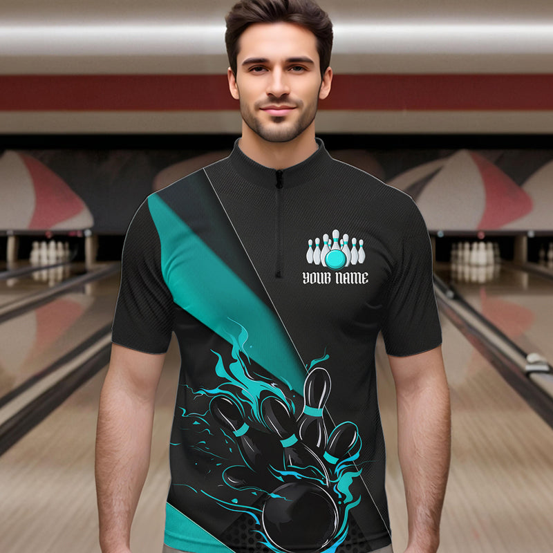 Custom Black And Blue Flame Duckpin Bowling Team Men Quarter-Zip Shirts, Duckpin Tournament Outfit IPHW8946