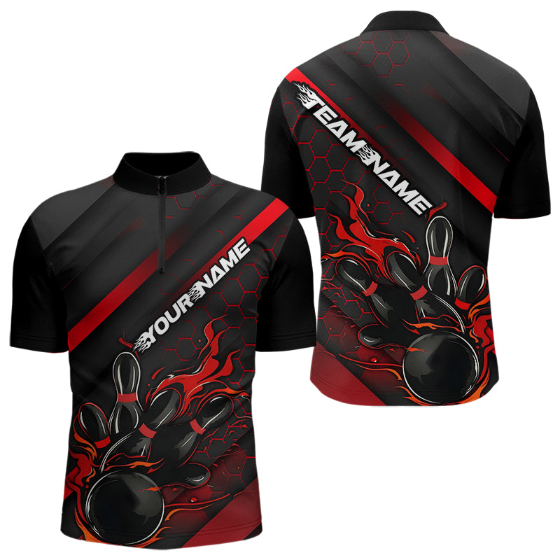 Custom Black And Red Flame Duckpin Bowling Quarter-Zip Shirts For Men, Bowling Team League Shirt IPHW8947