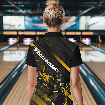 Custom Black And Yellow Flame Duckpin Women Bowling Quarter-Zip Shirt, Bowling League Shirt IPHW8948