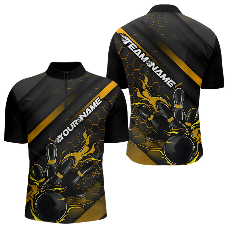 Custom Black And Yellow Flame Duckpin Bowling Quarter-Zip Shirt For Men, Bowling Team League Shirt IPHW8948