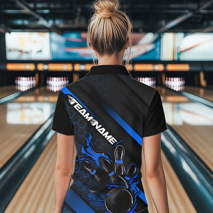 Custom Black And Blue Flame Duckpin Bowling Women Quarter-Zip Shirts, Bowling League Shirt IPHW8949