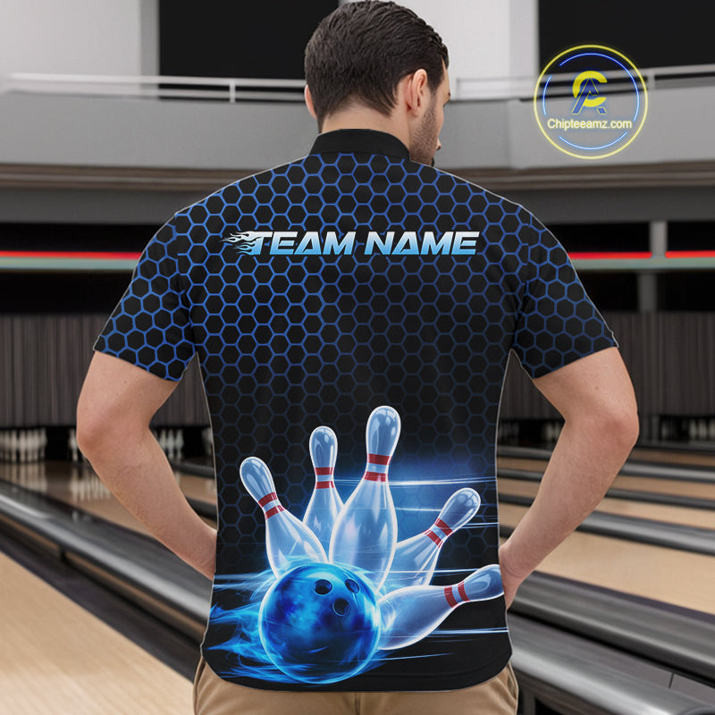Custom Black And Blue Hexagon Flame Bowling Quarter-Zip Shirts For Men, Bowling Team Shirt IPHW9389