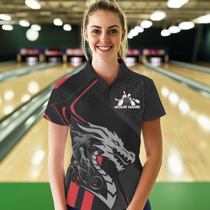 Custom Black And Red Dragon Bowling Jerseys, Bowling Team Women Polo Shirts Bowlers Outfit IPHW8701
