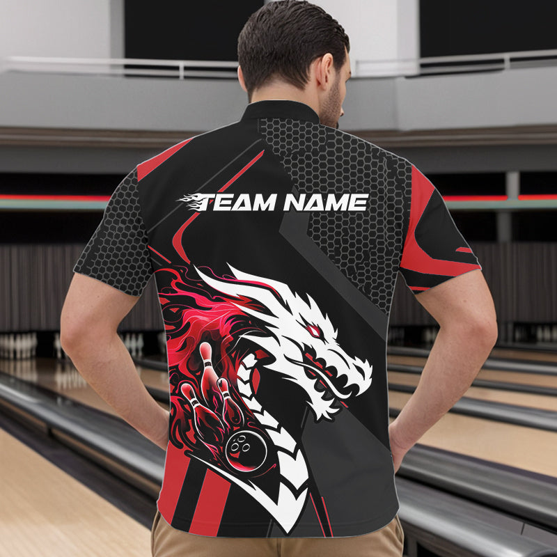 Custom Black And Red Dragon Bowling Jerseys, Bowling Team Men Quarter-Zip Shirts Bowlers Outfit IPHW8701
