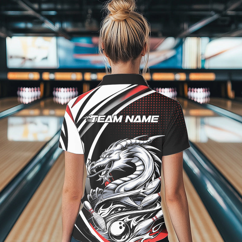 Custom Black And Red Dragon Bowling Team Polo Shirts For Women, Dragon Bowling Jerseys IPHW8705