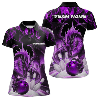 Custom Purple Flame Dragon Bowling Polo Shirts For Women, Dragon Bowling Team Jerseys IPHW8961