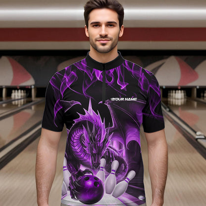 Custom Purple Flame Dragon Bowling Quarter-Zip Shirts For Men, Dragon Bowling Team Jerseys IPHW8961