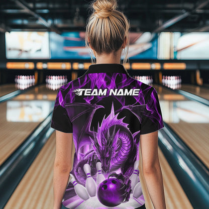 Custom Purple Flame Dragon Bowling Women Quarter-Zip Shirts, Dragon Bowling Team Jerseys IPHW8961