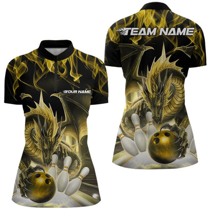 Custom Yellow Flame Dragon Bowling Women Quarter-Zip Shirts, Dragon Bowling Team Jerseys IPHW8962