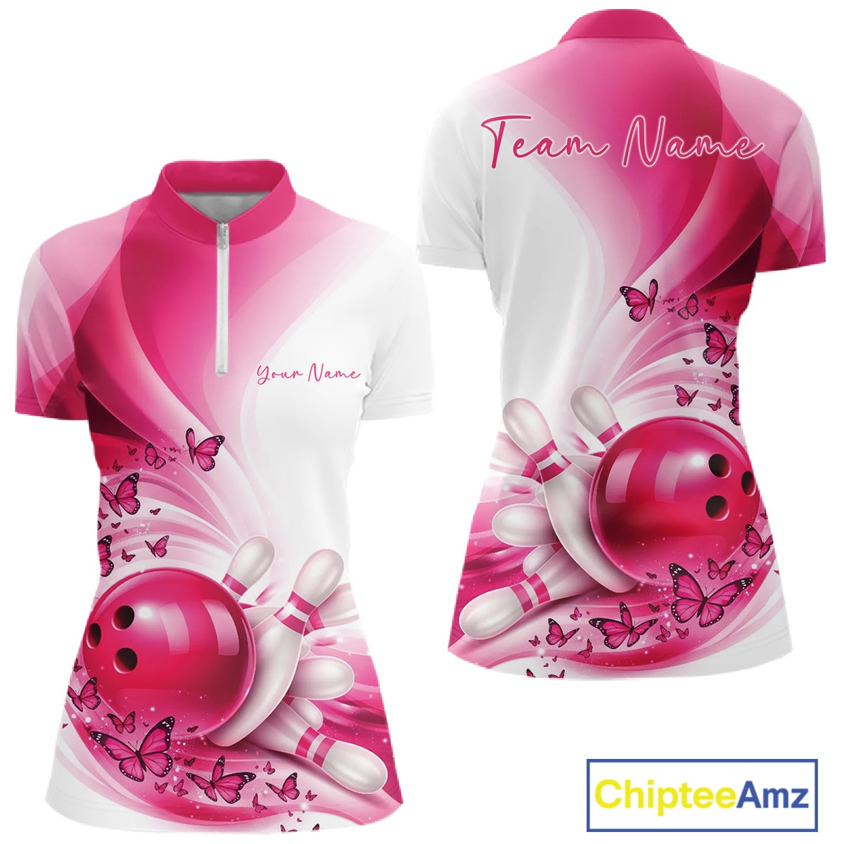 Women s white and pink bowling quarter zip mockup shown from front and back with butterfly accents and bowling-themed graphics.