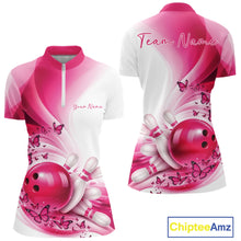 Load image into Gallery viewer, Custom Pink Butterfly Bowling Women Quarter-Zip Shirt, Ladies Bowling League Shirt IPHW11351