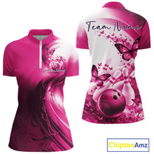 Load image into Gallery viewer, Custom Pink Butterfly Bowling Women Quarter-Zip Shirt, Ladies Bowling Team Outfits IPHW11355