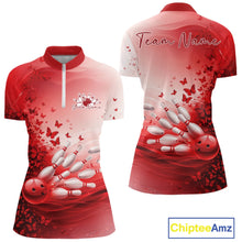 Load image into Gallery viewer, Custom Red Butterfly Bowling Women Quarter-Zip Shirt, Women Bowling Tournament Uniform IPHW11360