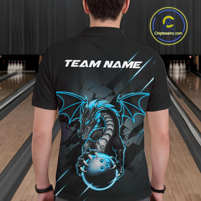 Custom Glowing Blue Dragon Bowling Team Polo Shirts For Men, Dragon Bowling Jerseys IPHW9541