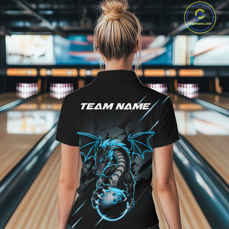 Custom Glowing Blue Dragon Bowling Team Women Quarter-Zip Shirt, Dragon Bowling Jerseys IPHW9541