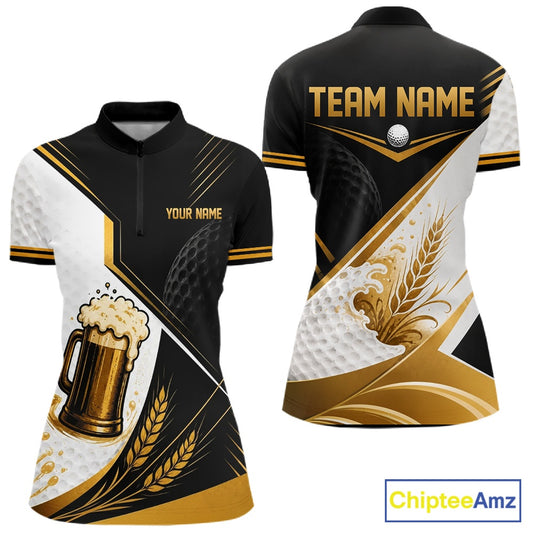 Custom Black And Gold Golf And Beer Golf Team Women Quarter-Zip Shirt, Golf Apparel IPHW11671