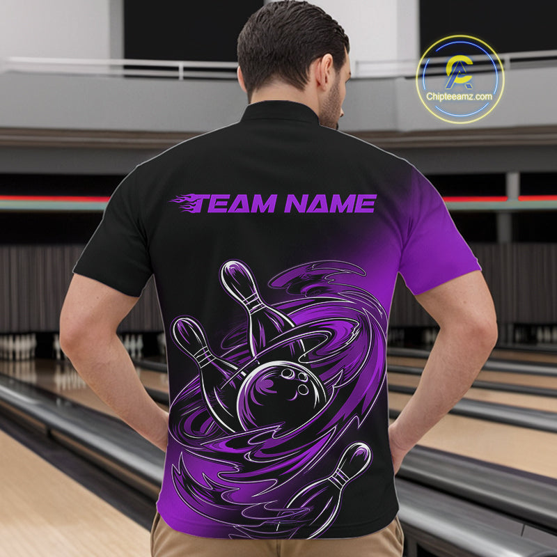 Custom Black And Purple Flame Bowling Quarter-Zip Shirts For Men, Team Bowling League Shirt IPHW9778
